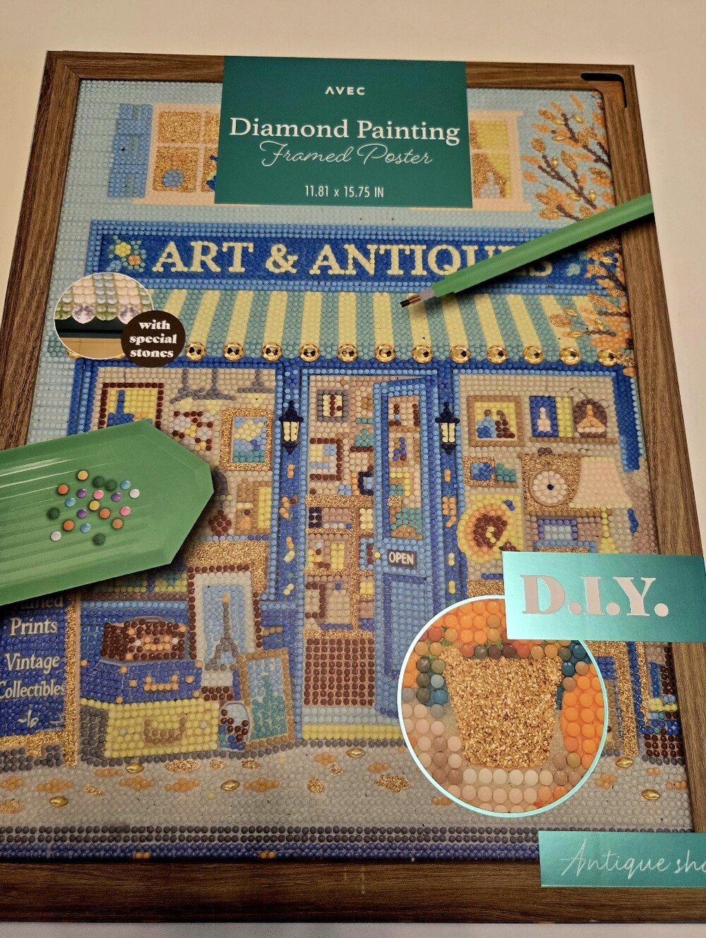 New- Wood Framed Diamond Art Antique Shop Kit, Diamond Painting, DIY, Craft Kit